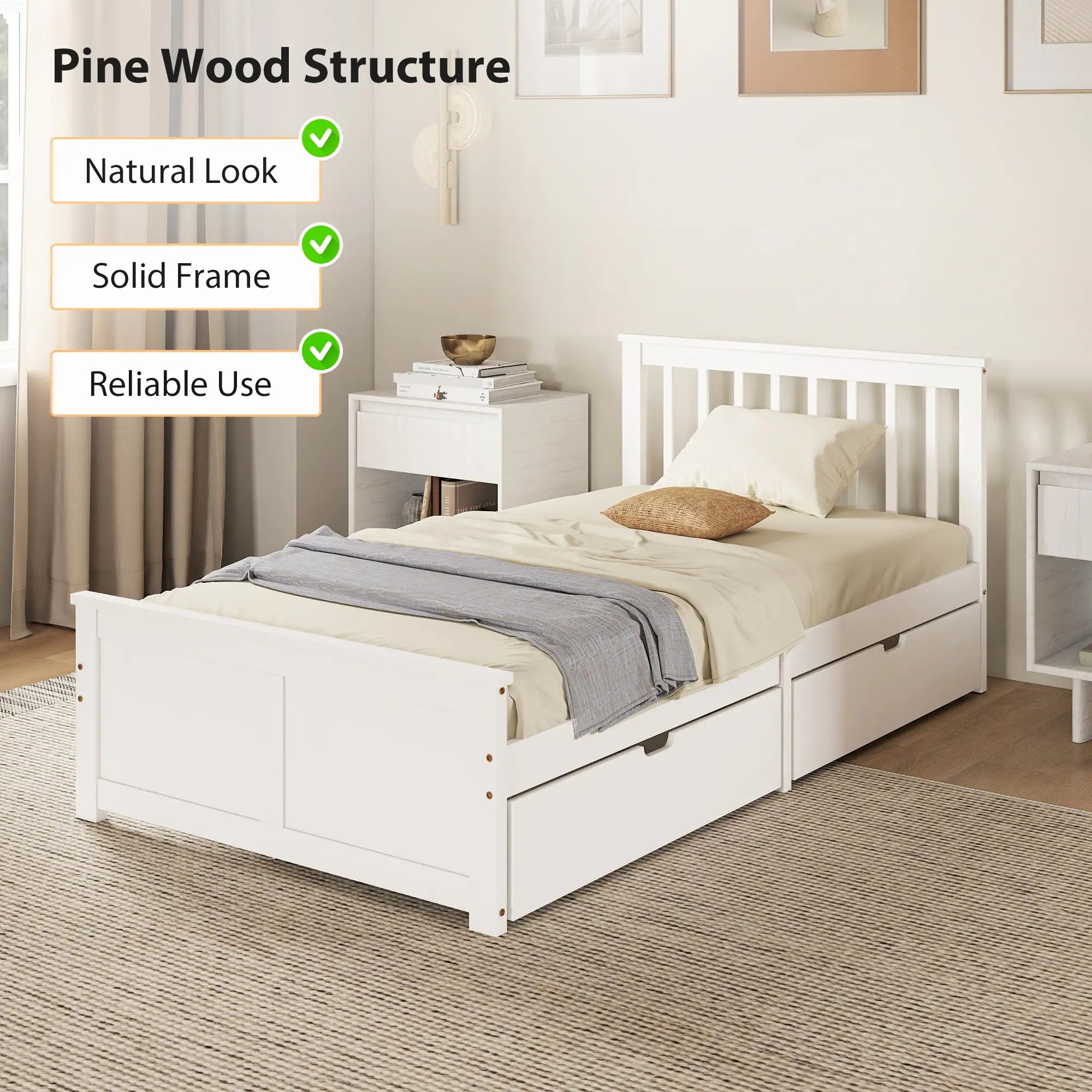 Pine Twin Bed Frame, Wood Storage Drawers, White Bed Frames at Gallery Canada