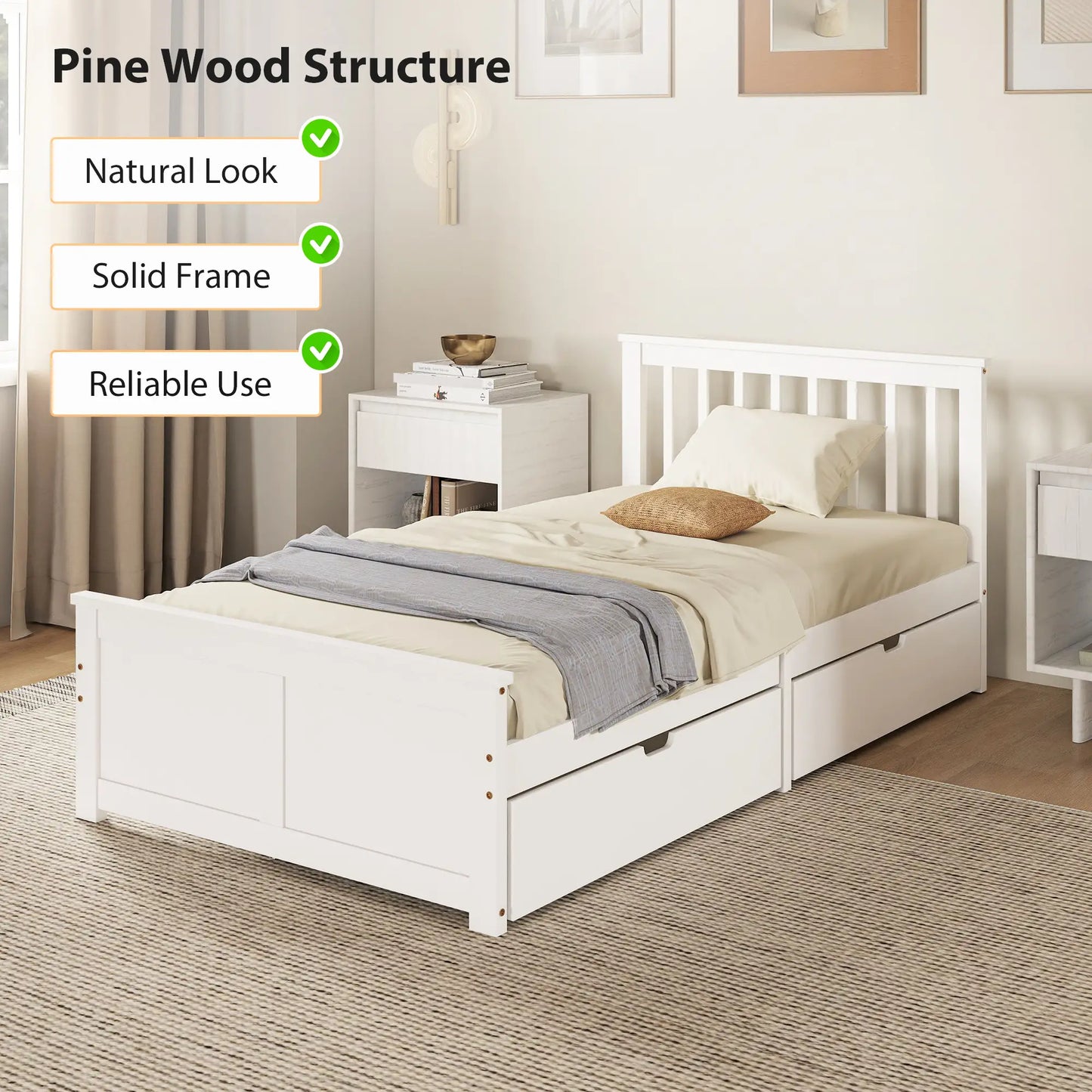 Pine Twin Bed Frame, Wood Storage Drawers, White Bed Frames at Gallery Canada