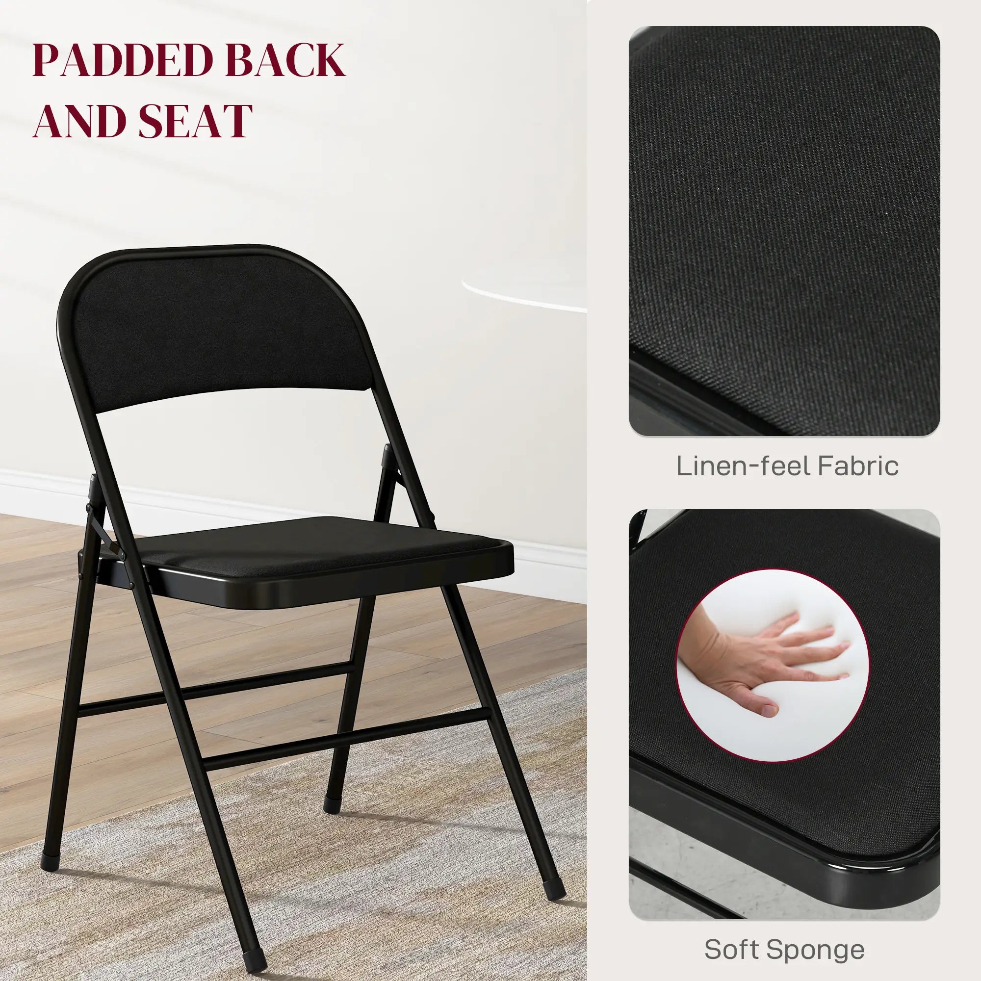 Set of 4 Foldable Metal Chairs, Linen Padded Seat, Open Back, Black Dining Chairs at Gallery Canada