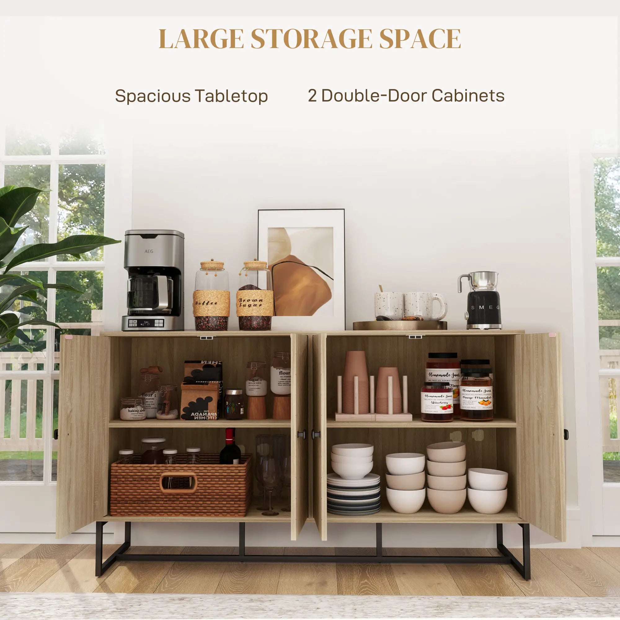 Sideboard Buffet Cabinet with 2 Adjustable Shelves and Steel Base, TV Stand, Coffee Bar Cabinet for Living Room, Oak Storage Cabinets at Gallery Canada