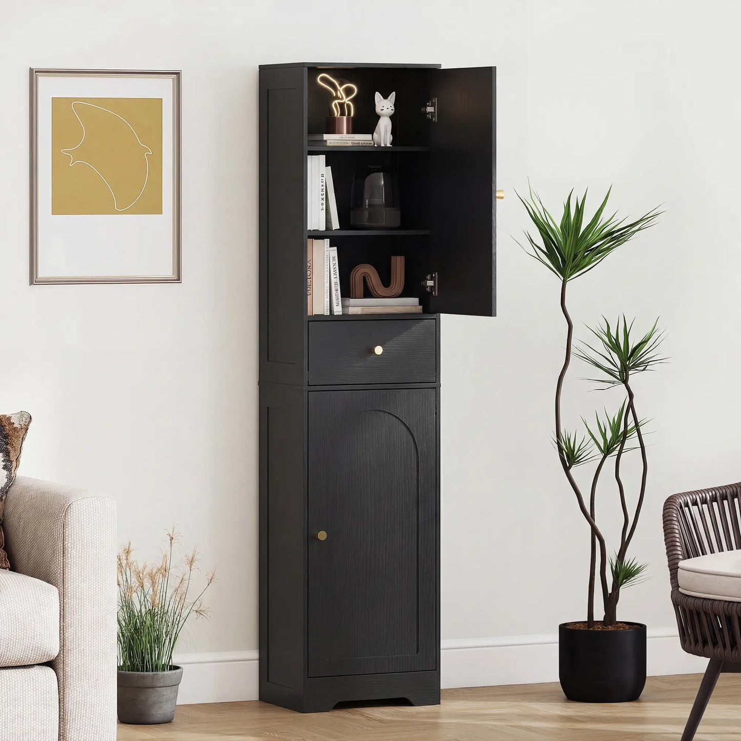 67" Tall Bathroom Cabinet, 2 Doors, Drawer, Adjustable Shelf, Black Wood Grain, Black Freestanding Bathroom Cabinets at Gallery Canada