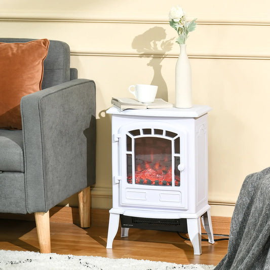 Electric Fireplace Heater, Freestanding Stove, Realistic Flame, Overheat Protection, 750W/1500W, White Electric Fireplaces White at Gallery Canada
