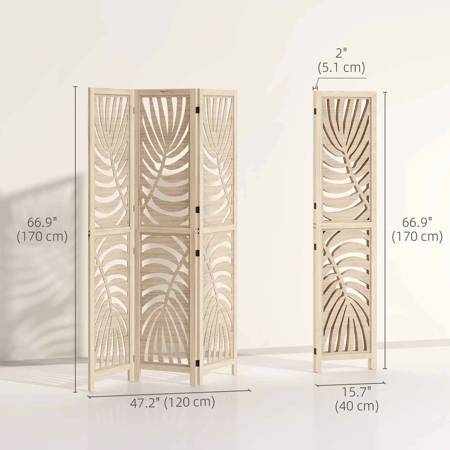 3 Panel Room Divider, Detachable Folding Privacy Screen, Palm Leaf Design, Natural Wood Finish Room Dividers at Gallery Canada