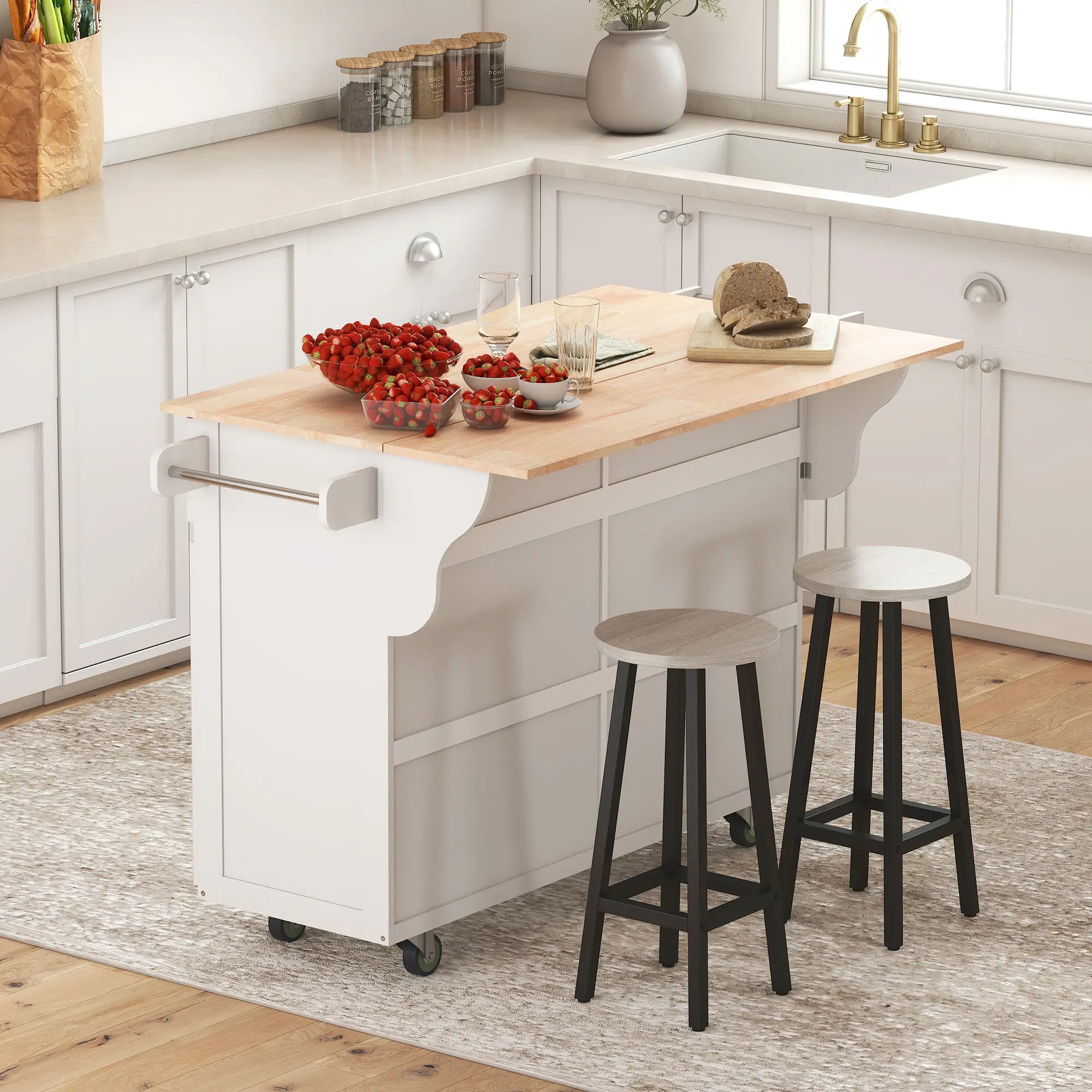 Kitchen Island with Storage, Drop Leaf, Rubber Wood Top, Adjustable Shelves, White Kitchen Islands & Kitchen Carts at Gallery Canada