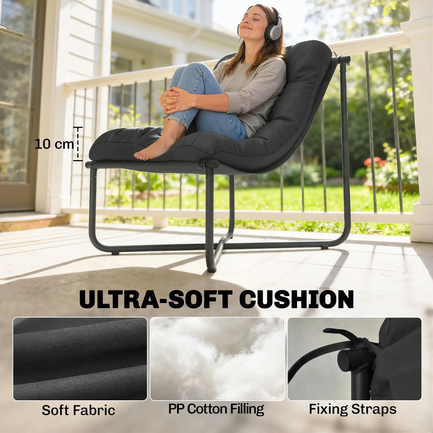 Outdoor Patio Chair, Comfy Sling Lounge With Cushion, Steel Frame, Dark Grey Patio Chairs at Gallery Canada