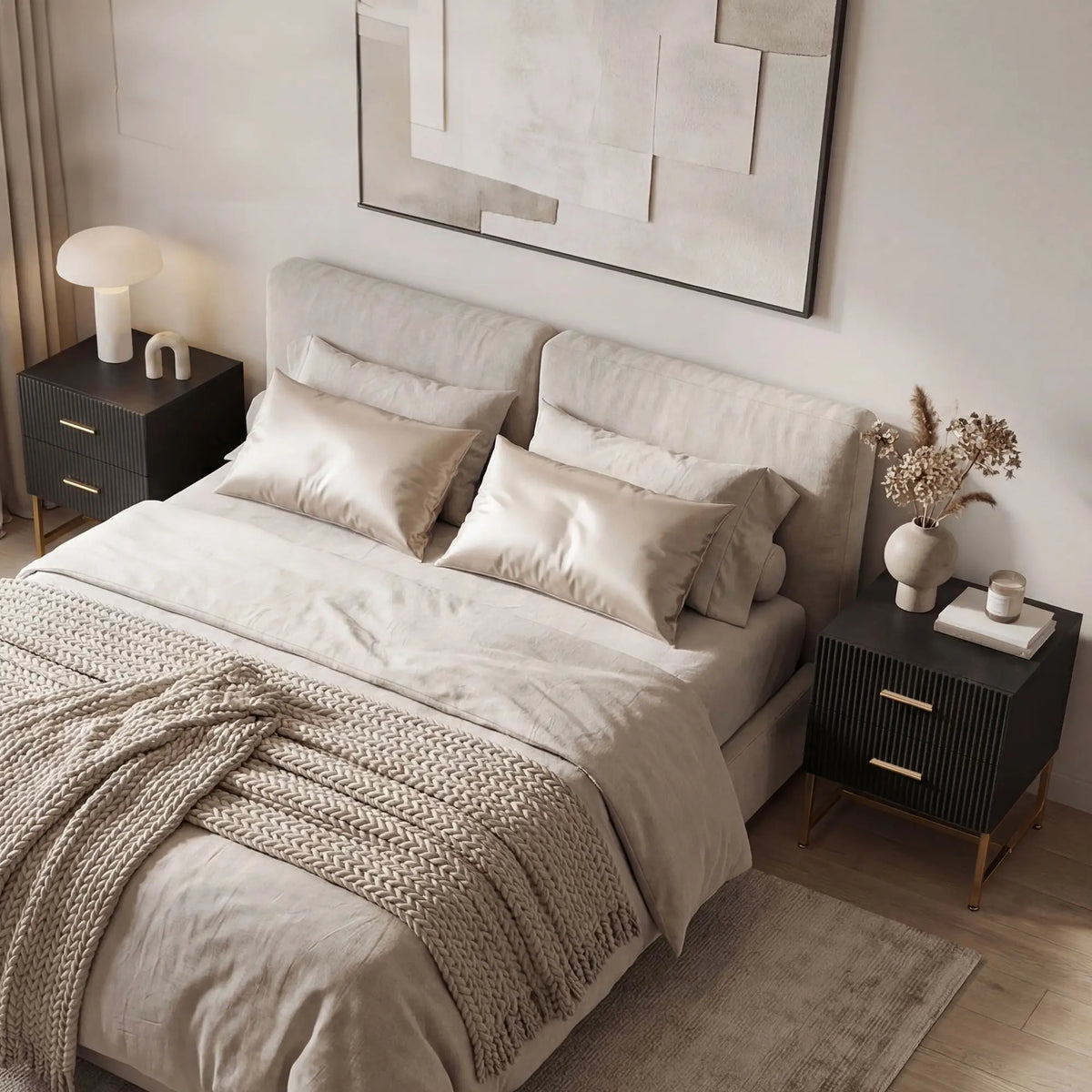 Modern Nightstands With Storage, 2 Fluted Drawers, Gold Legs, Black Bedside Tables at Gallery Canada