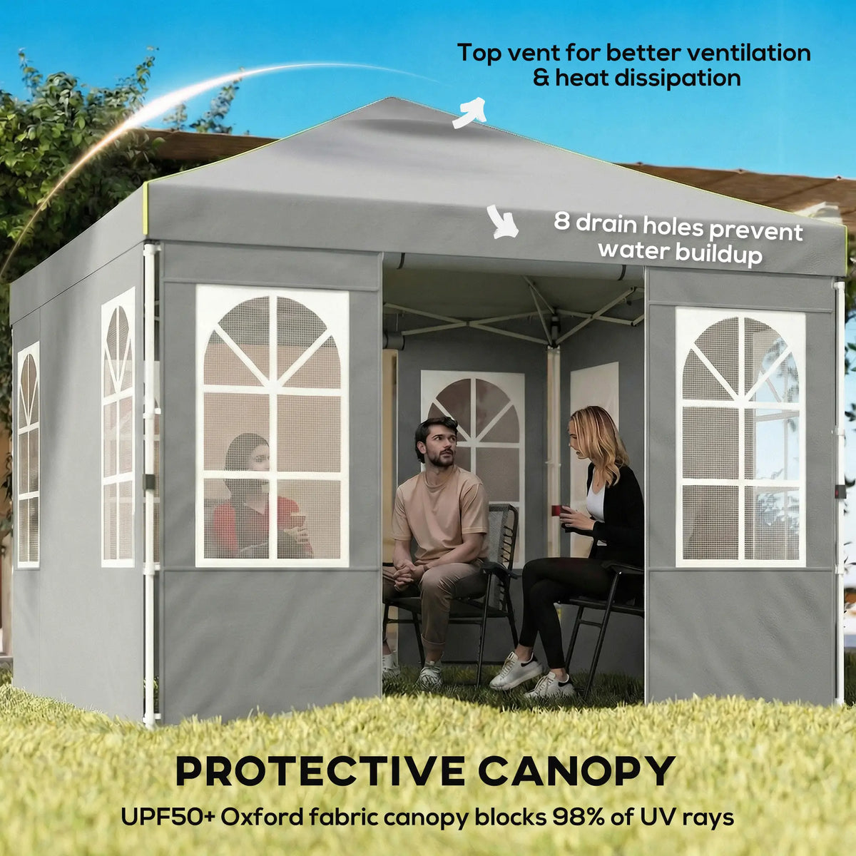 9.6 x 9.6 ft Pop Up Canopy Tent, 4 Sidewalls, UPF 50+, Light Grey