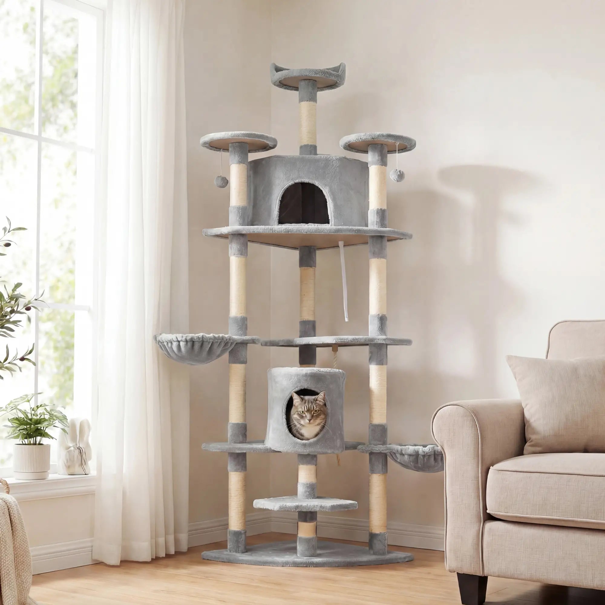 79 Cat Tree, Multi-Level with Two Condos, Scratching Posts, Hammocks, Dark Gray Floor to Ceiling Cat Trees at Gallery Canada