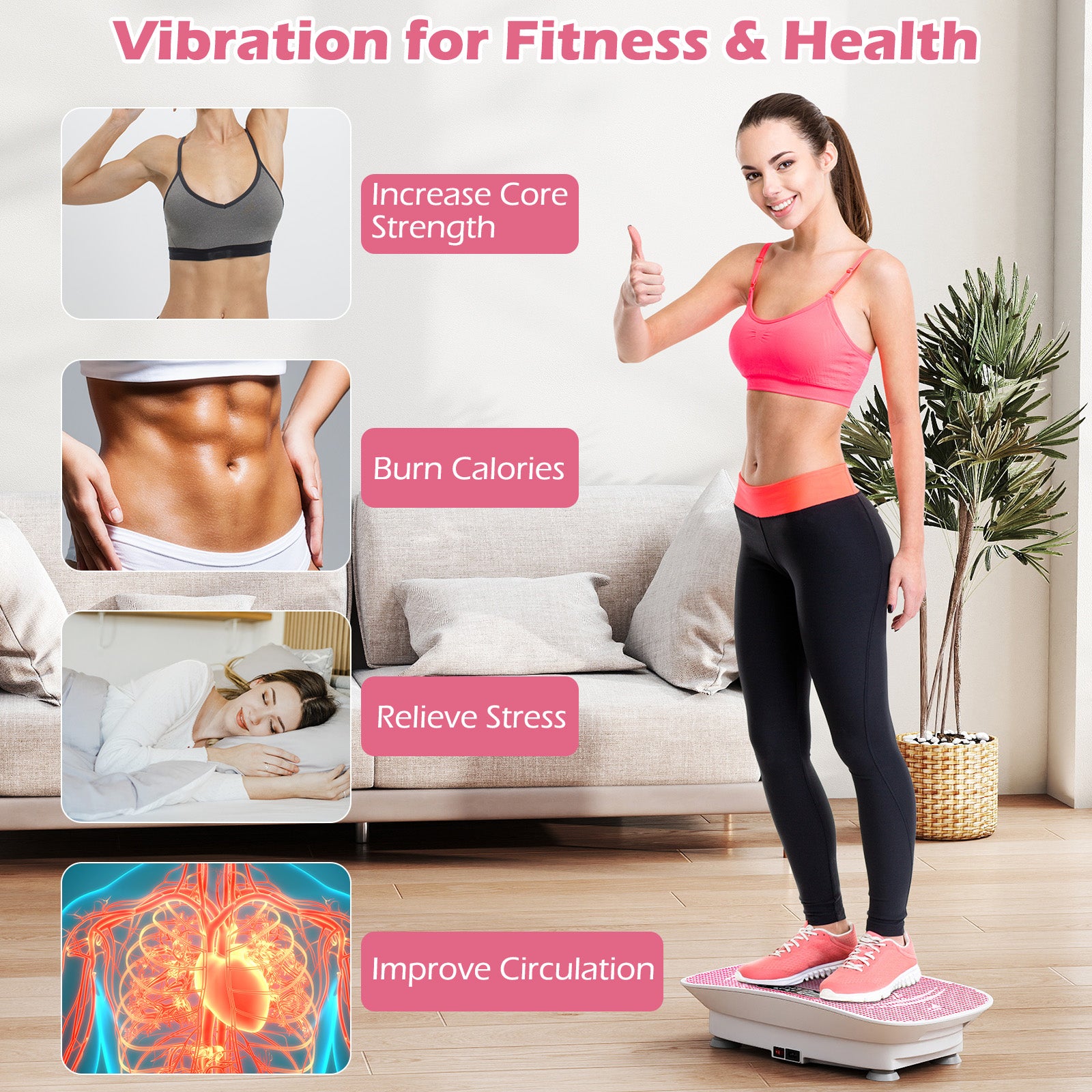 Vibration Plate Exercise Machine, 10 Speed Intensities, White Pink Vibration Exercise Machines at Gallery Canada