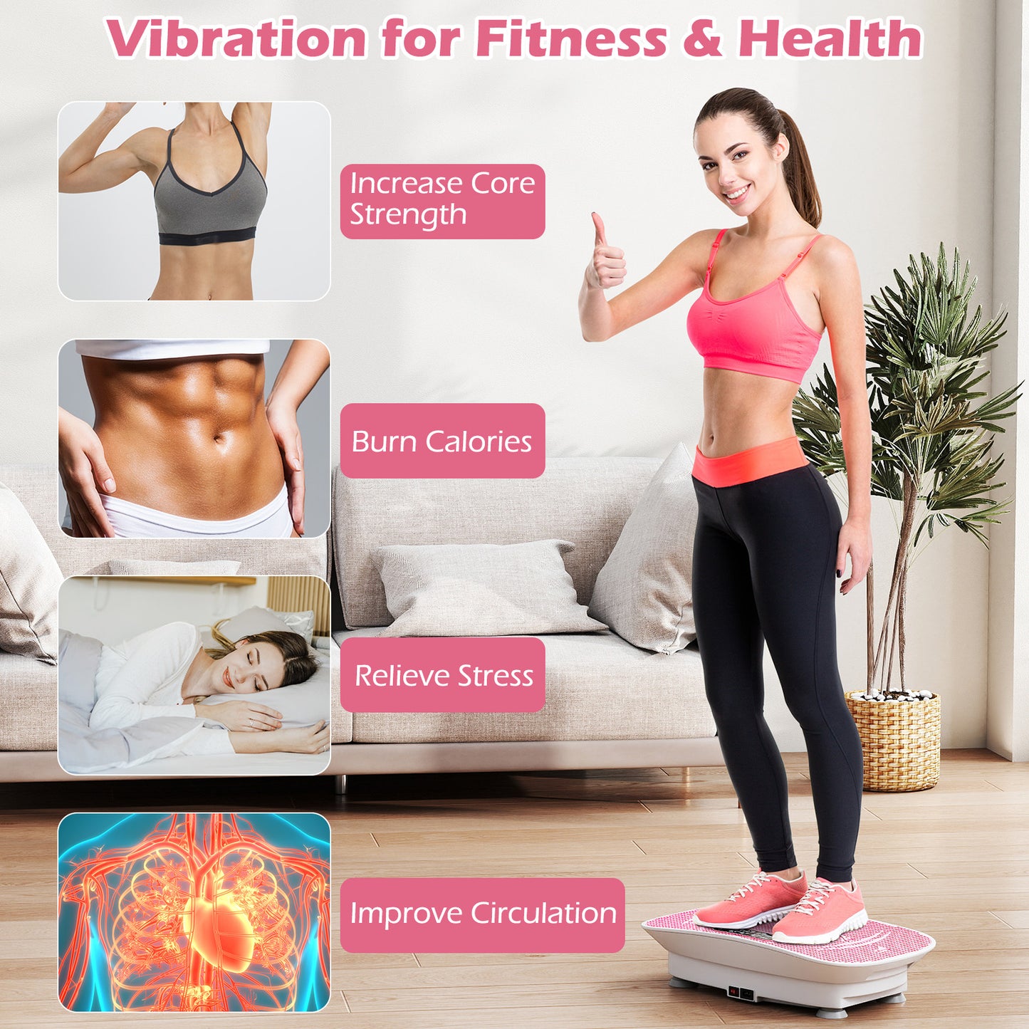 Vibration Plate Exercise Machine, 10 Speed Intensities, White Pink Vibration Exercise Machines at Gallery Canada