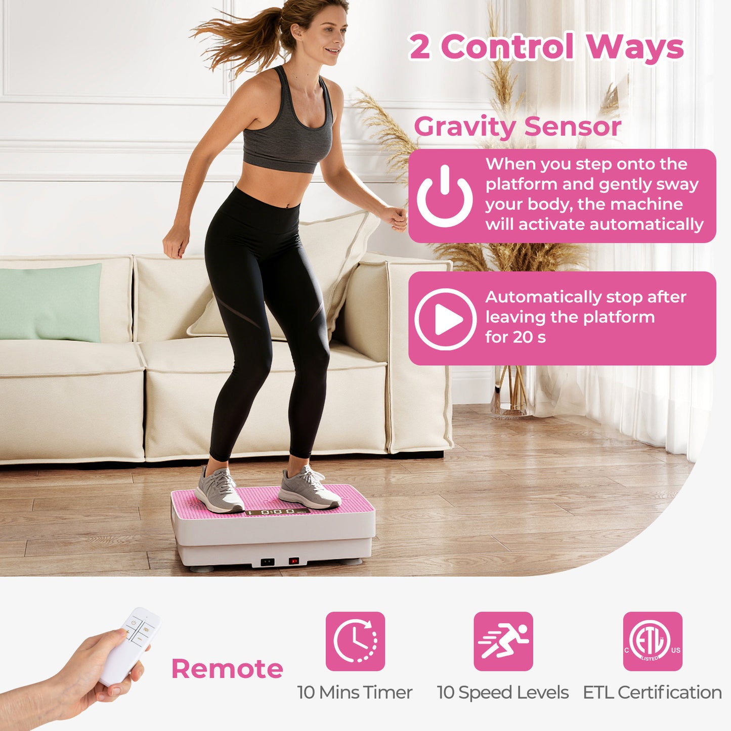 Vibration Plate Exercise Machine with Gravity Sensor and Remote Control for Home Gym, Pink