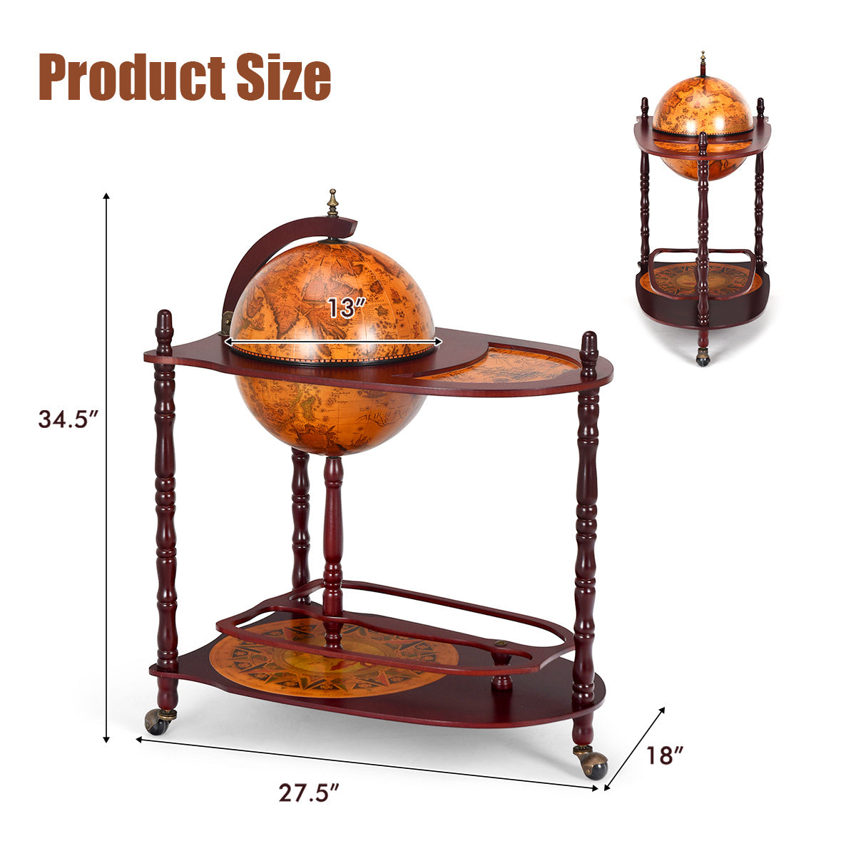 Vintage Globe Rolling Wine Bar Cart with Extra Shelf, Brown Wine Racks at Gallery Canada