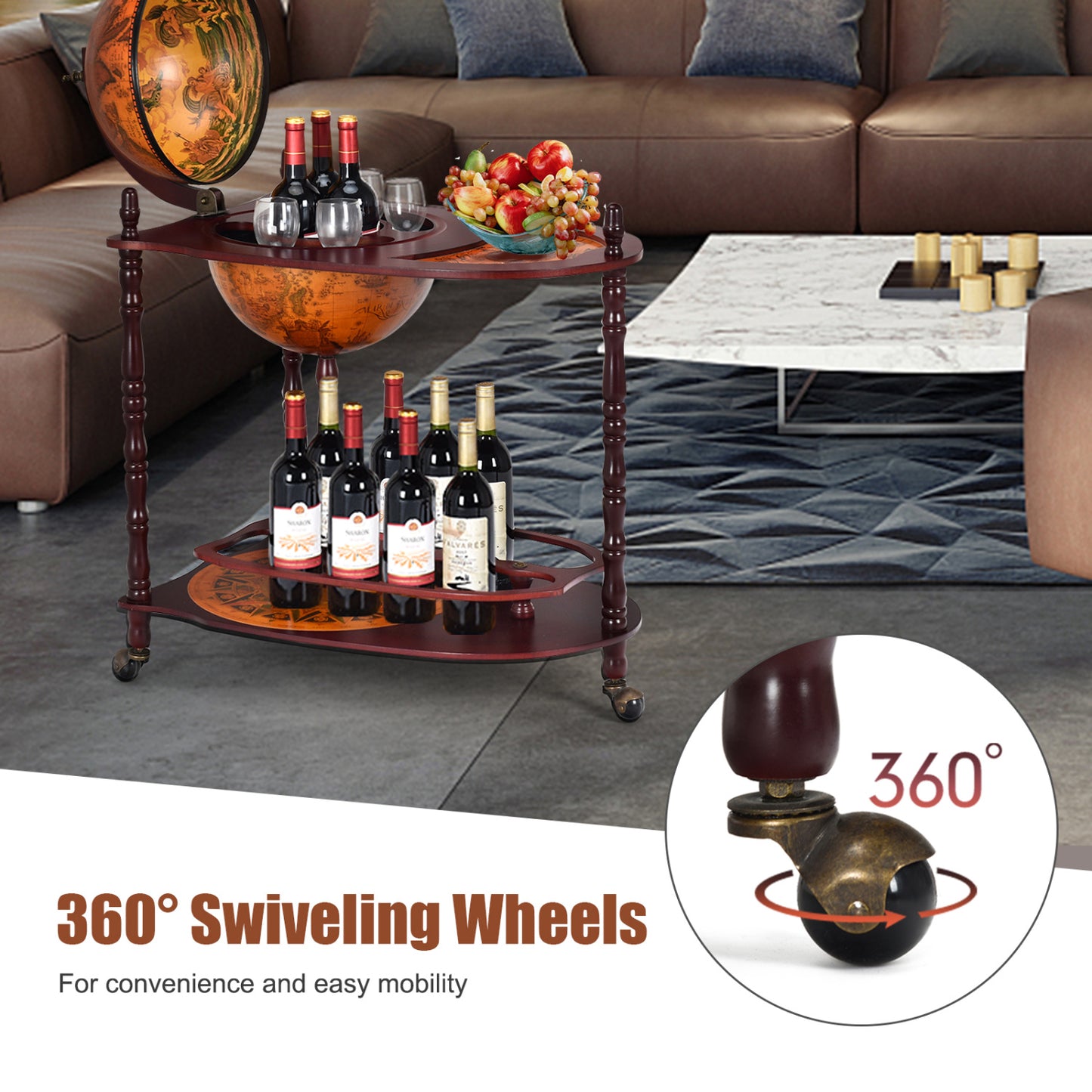 Vintage Globe Rolling Wine Bar Cart with Extra Shelf, Brown Wine Racks at Gallery Canada
