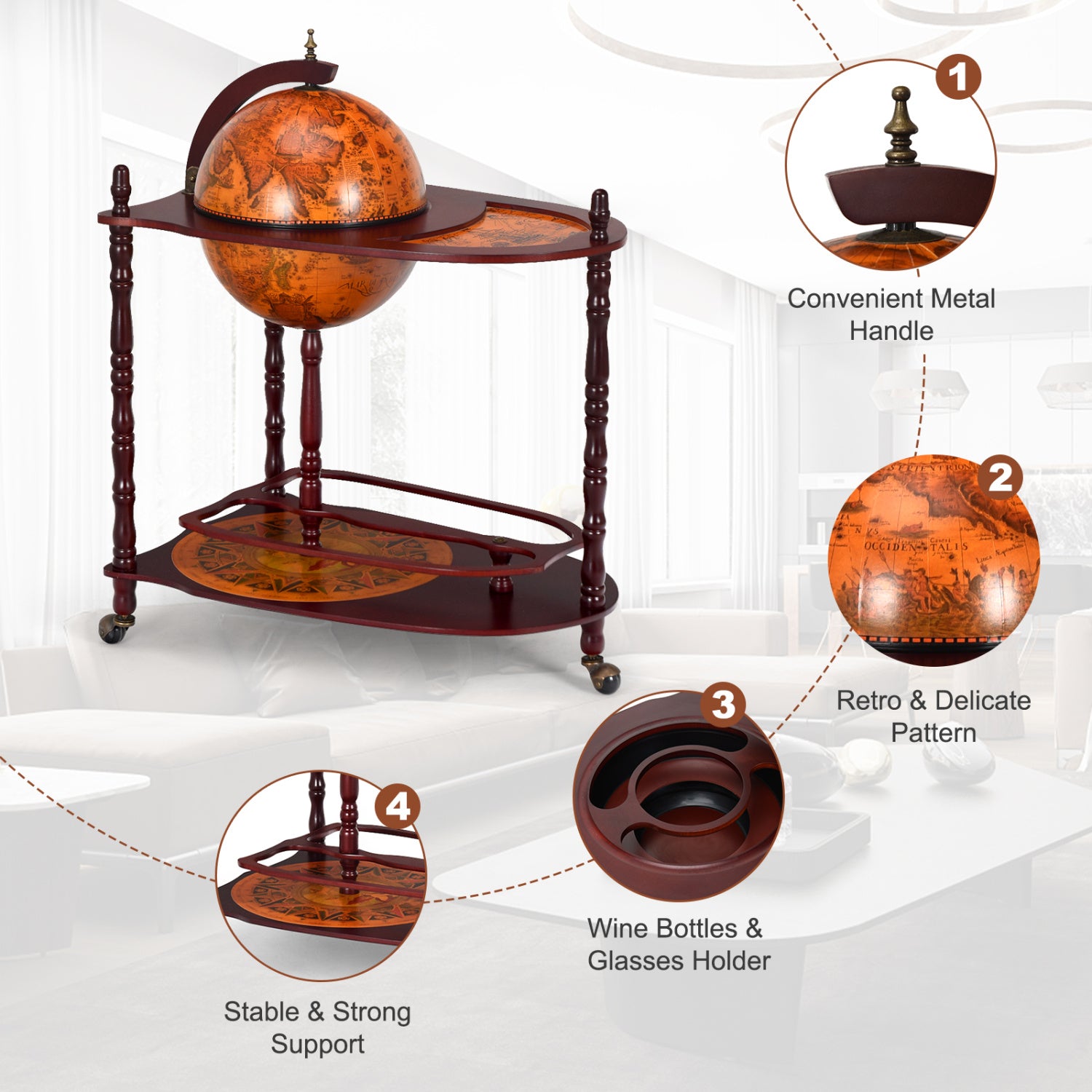 Vintage Globe Rolling Wine Bar Cart with Extra Shelf, Brown Wine Racks at Gallery Canada