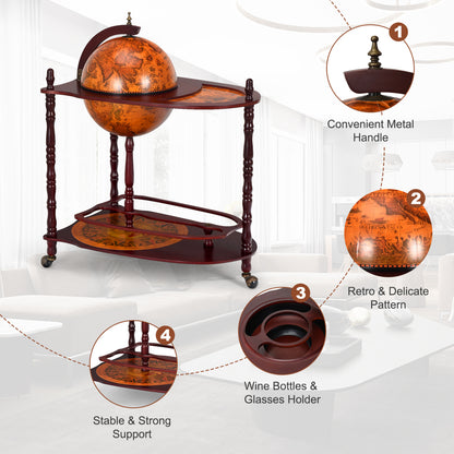 Vintage Globe Rolling Wine Bar Cart with Extra Shelf, Brown Wine Racks at Gallery Canada