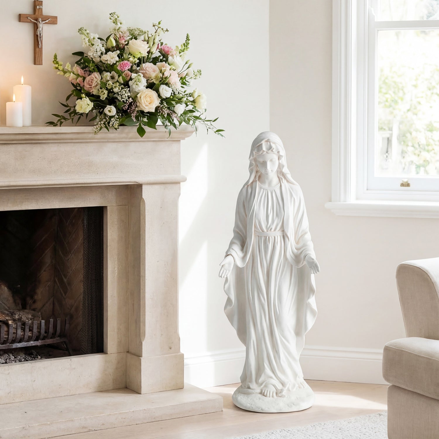 Virgin Mary Statue, 29.5 Inch, Outdoor Religious Sculpture, Aged Finish, White Outdoor Decor at Gallery Canada