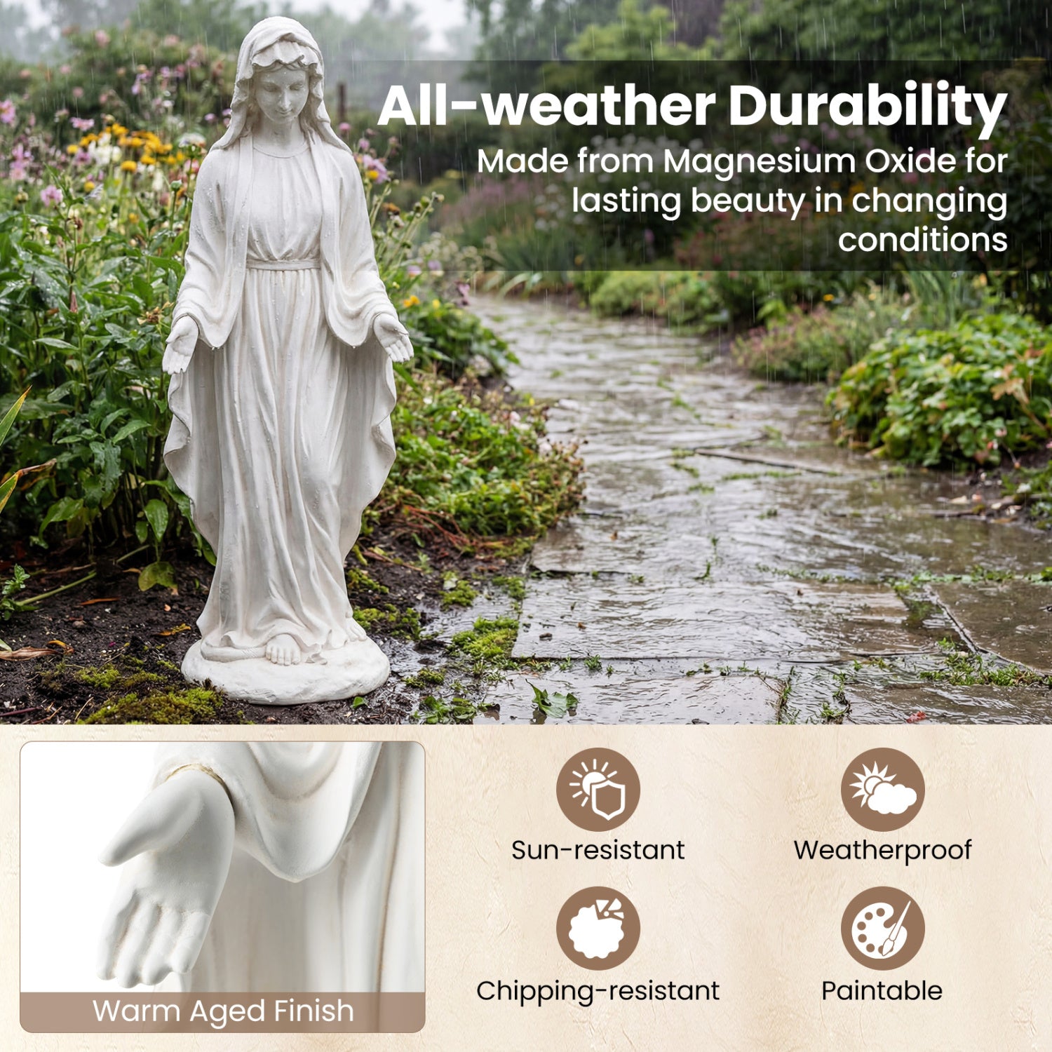 Virgin Mary Statue, 29.5 Inch, Outdoor Religious Sculpture, Aged Finish, White Outdoor Decor at Gallery Canada