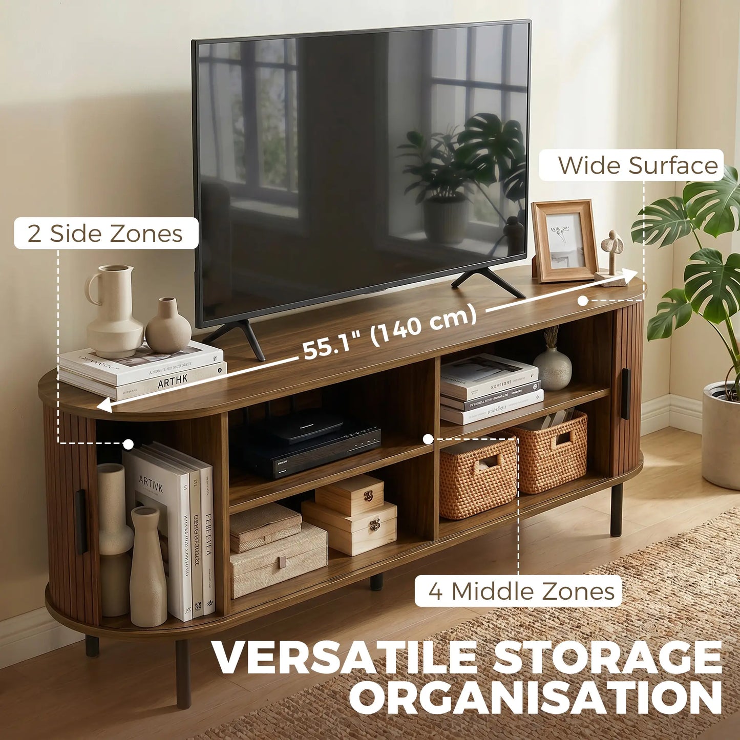 TV Stand for TVs up to 60", Modern Entertainment Center with Curved Sliding Doors, Walnut Brown