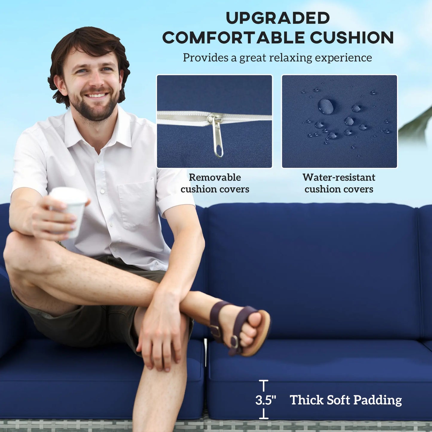 3-Seater Outdoor Sofa with Cushions, PE Rattan, Dark Blue Patio Furniture Sets at Gallery Canada