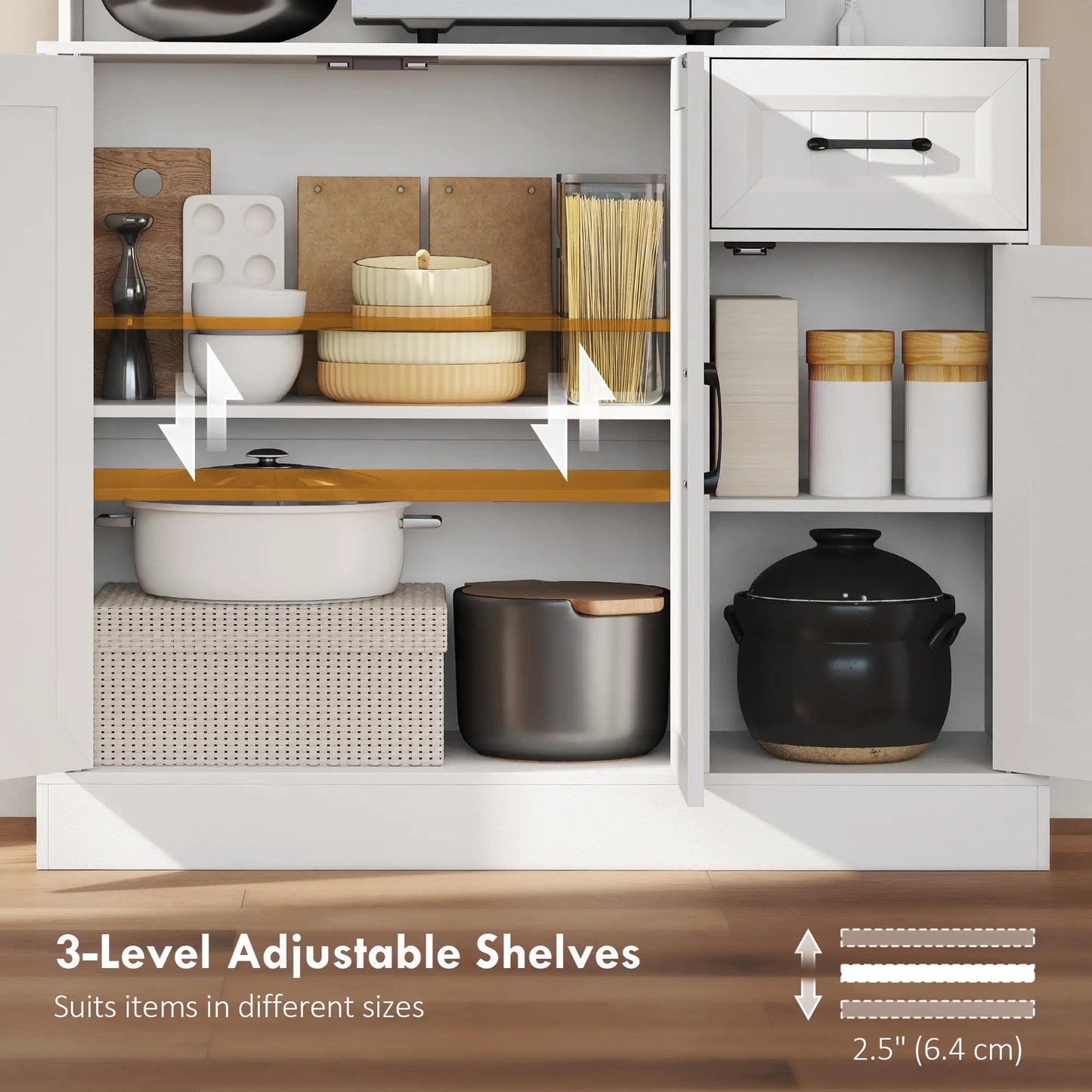 71 Inch Pantry Cabinet with Charging Station, Microwave Stand, Adjustable Shelves, White Kitchen Pantry Cabinets at Gallery Canada