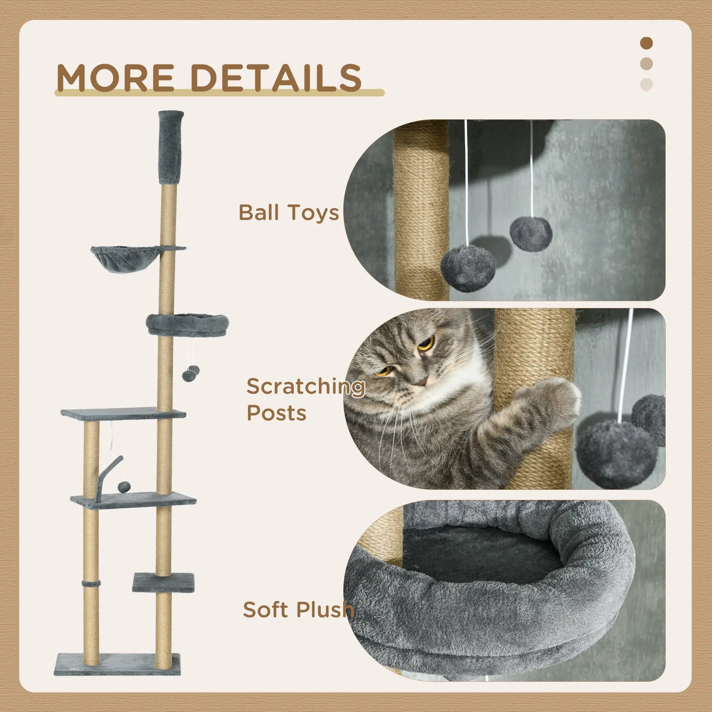 90.5" - 98.5" Cat Tree Tower, Scratching Post, Platforms, Bed, Hammock, Grey Floor to Ceiling Cat Trees at Gallery Canada