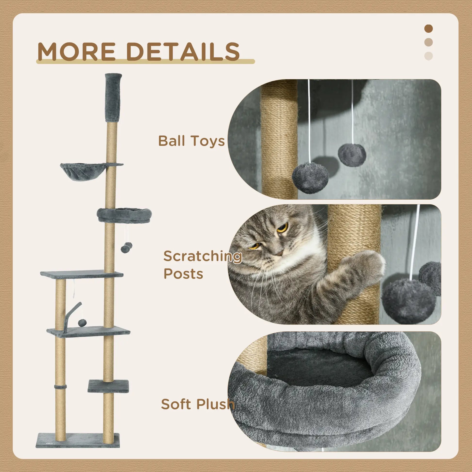 90.5" - 98.5" Cat Tree Tower, Scratching Post, Platforms, Bed, Hammock, Grey Floor to Ceiling Cat Trees at Gallery Canada