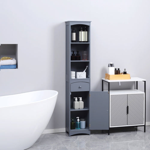 Bathroom Storage Cabinet, Tall Linen Tower with 3-Tier Shelves and Drawer and Door, Grey