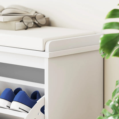Entryway Bench with Padded Seat, Flip-Drawers, Holds 265lbs, Shoe Storage for 8 Pairs, White Shoe Storage Cabinets & Racks at Gallery Canada
