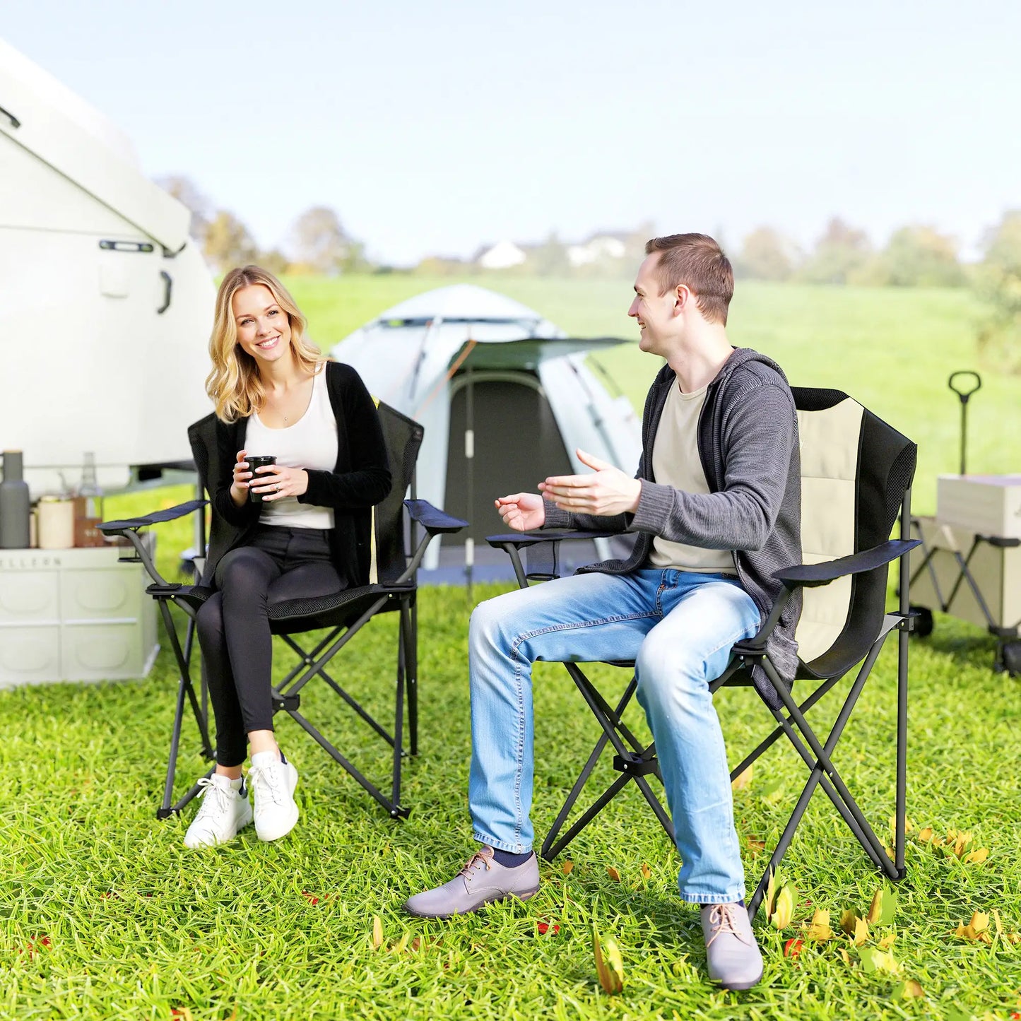 2 Pack Folding Camping Chairs, High Back w/ Cup Holder, Padded, Cream Picnic Tables & Camping Chairs at Gallery Canada