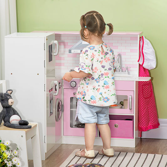 Corner Pretend Play Toy Kitchen with Sink Stove, Wooden Kids Kitchen Playset with Light Sound, Storage Cabinets, Ice Maker, Refrigerator, Washing Machine, Food Toys, White - Gallery Canada