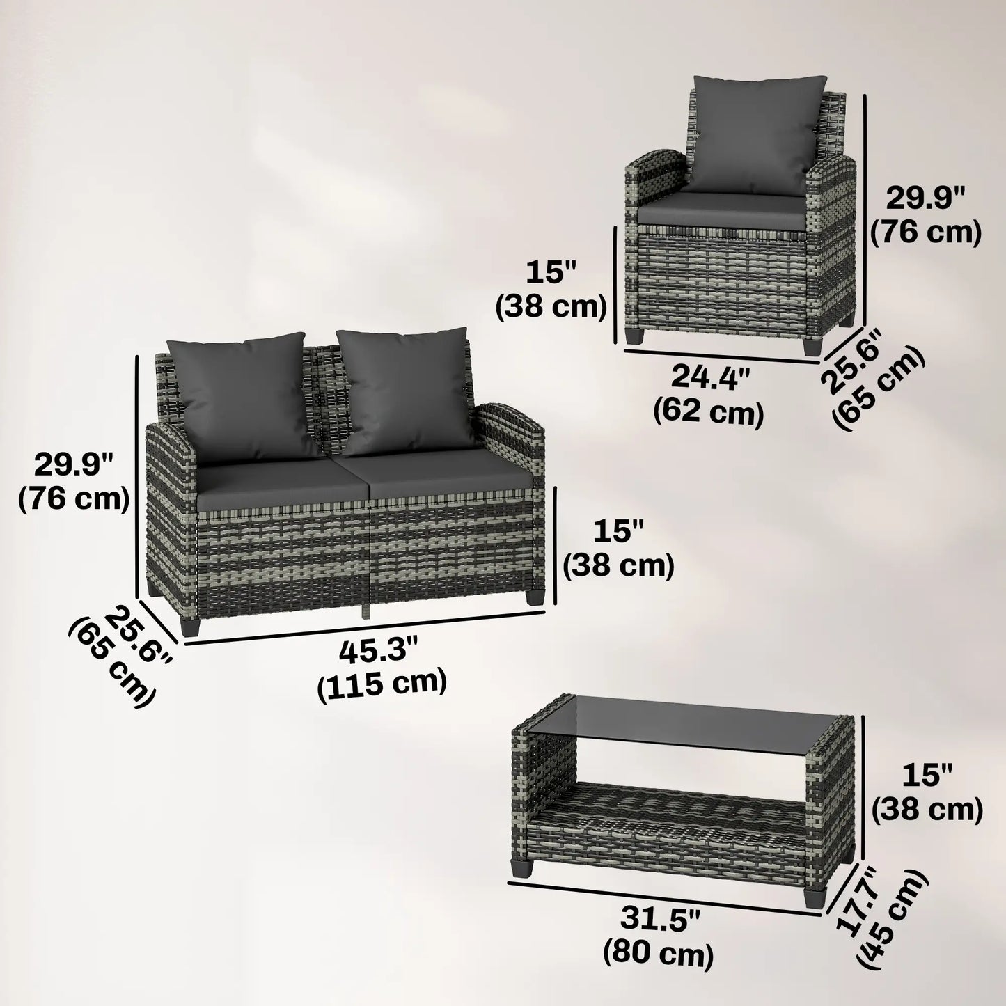 4 Piece Wicker Patio Furniture Set, Loveseat, Chairs, Table, Dark Grey Patio Furniture Sets at Gallery Canada