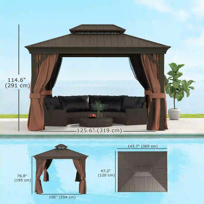 10' x 12' Outdoor Hardtop Gazebo, Galvanized Canopy, Netting Sidewalls, Dark Brown Gazebos at Gallery Canada