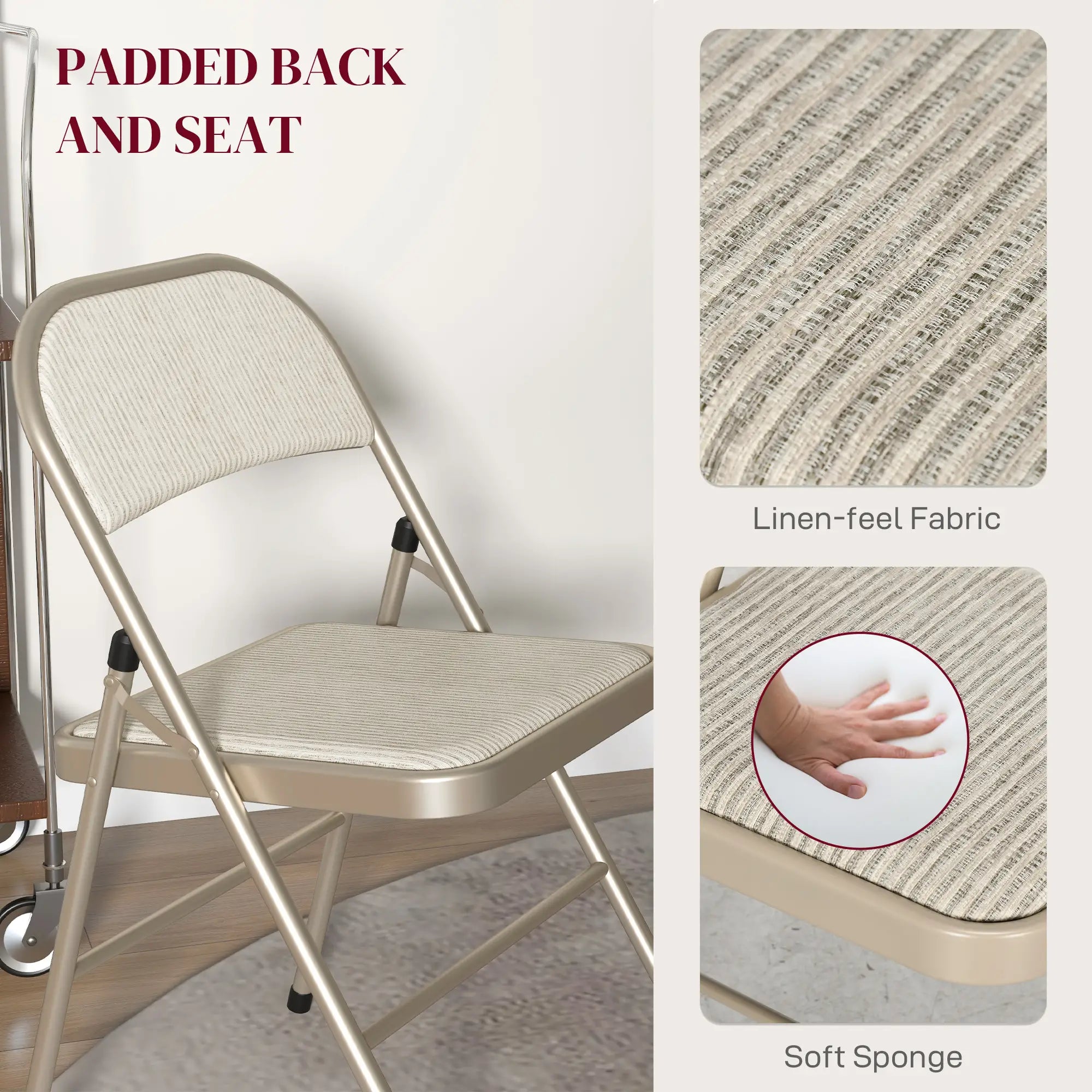 Set of 4 Metal Foldable Chairs, Linen Padded with Cushion Seat, Beige Dining Chairs at Gallery Canada