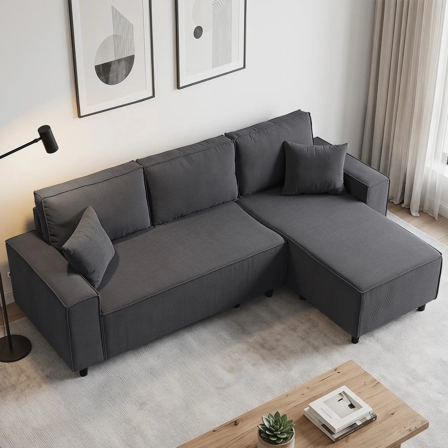 Corner Sofa, L-Shaped Sectional with Chaise, Pocket Spring, 2 Pillows, Charcoal Grey Sofas & Reclining Chairs at Gallery Canada