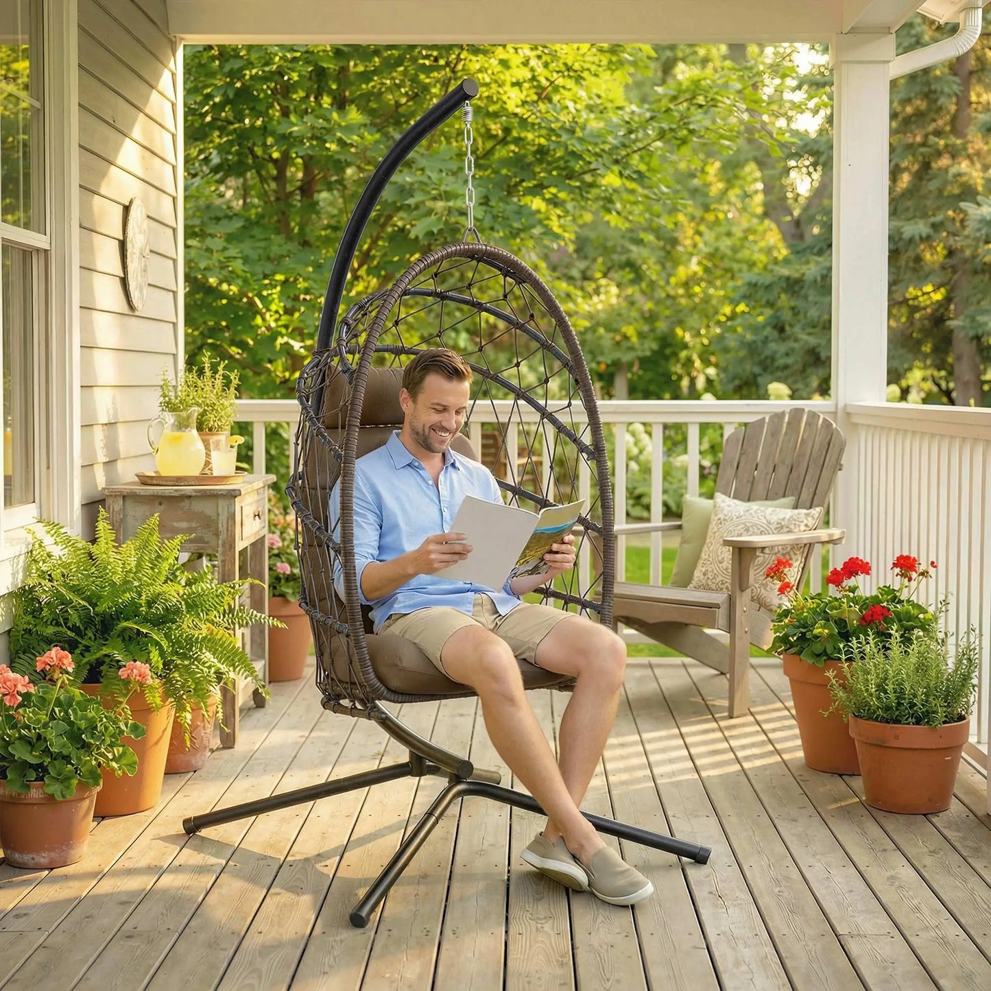 Hanging Egg Chair With Stand, Foldable Wicker Rattan Swing Chair, Brown Patio Swings with Stand at Gallery Canada
