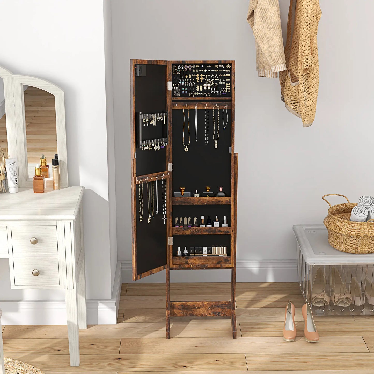 Free Standing Armoire Organizer, Lighted Mirrored Jewelry Cabinet, Angle Adjustable, 16 LED Lights, Rustic Brown, Brown Jewelry Armoire & Jewellery Mirror Cabinets at Gallery Canada