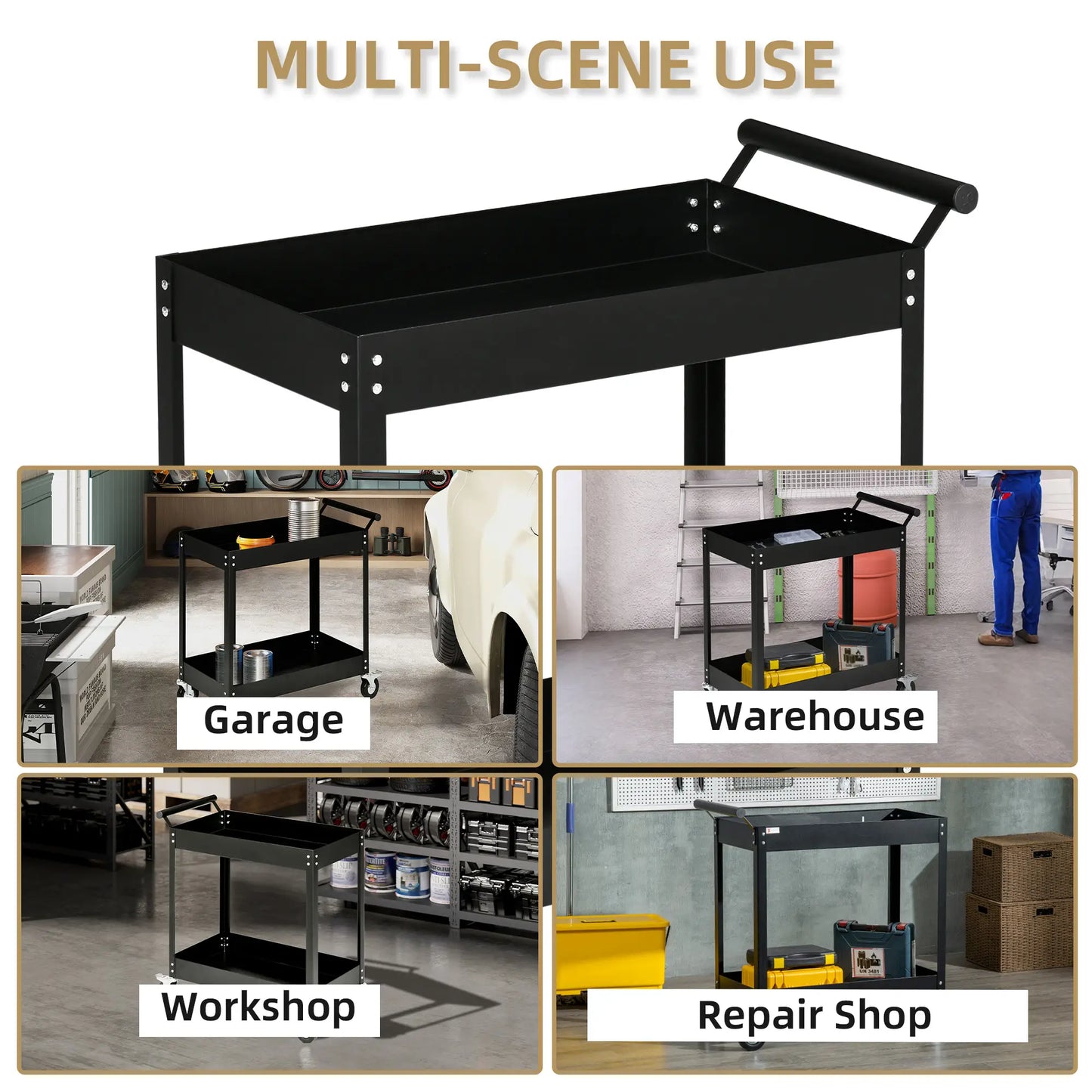 2 Tier Rolling Tool Cart, Steel Mobile Utility Cart, 330lbs, Black Tool Organizers at Gallery Canada