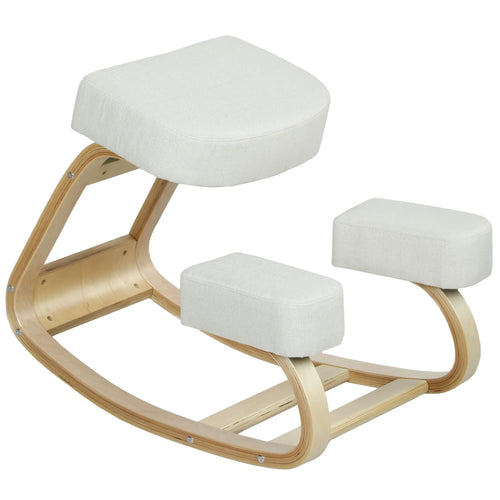 Ergonomic Kneeling Chair, Wood Stool with Thick Pads, Cream White