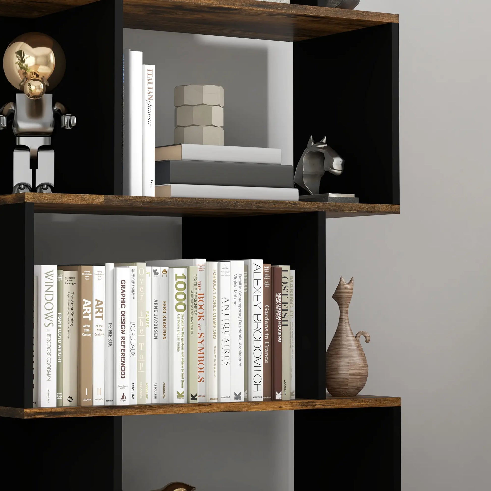 5 Tier Geometric S Shaped Bookcase, Tall Narrow Display Shelf, Rustic Brown Display Bookshelves at Gallery Canada