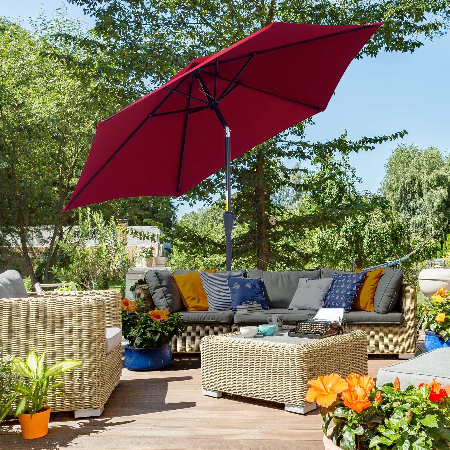 8.5FT Round Garden Parasol, 6 Ribs, Tilt Canopy with Crank Handle, Wine Red Sun Umbrellas at Gallery Canada