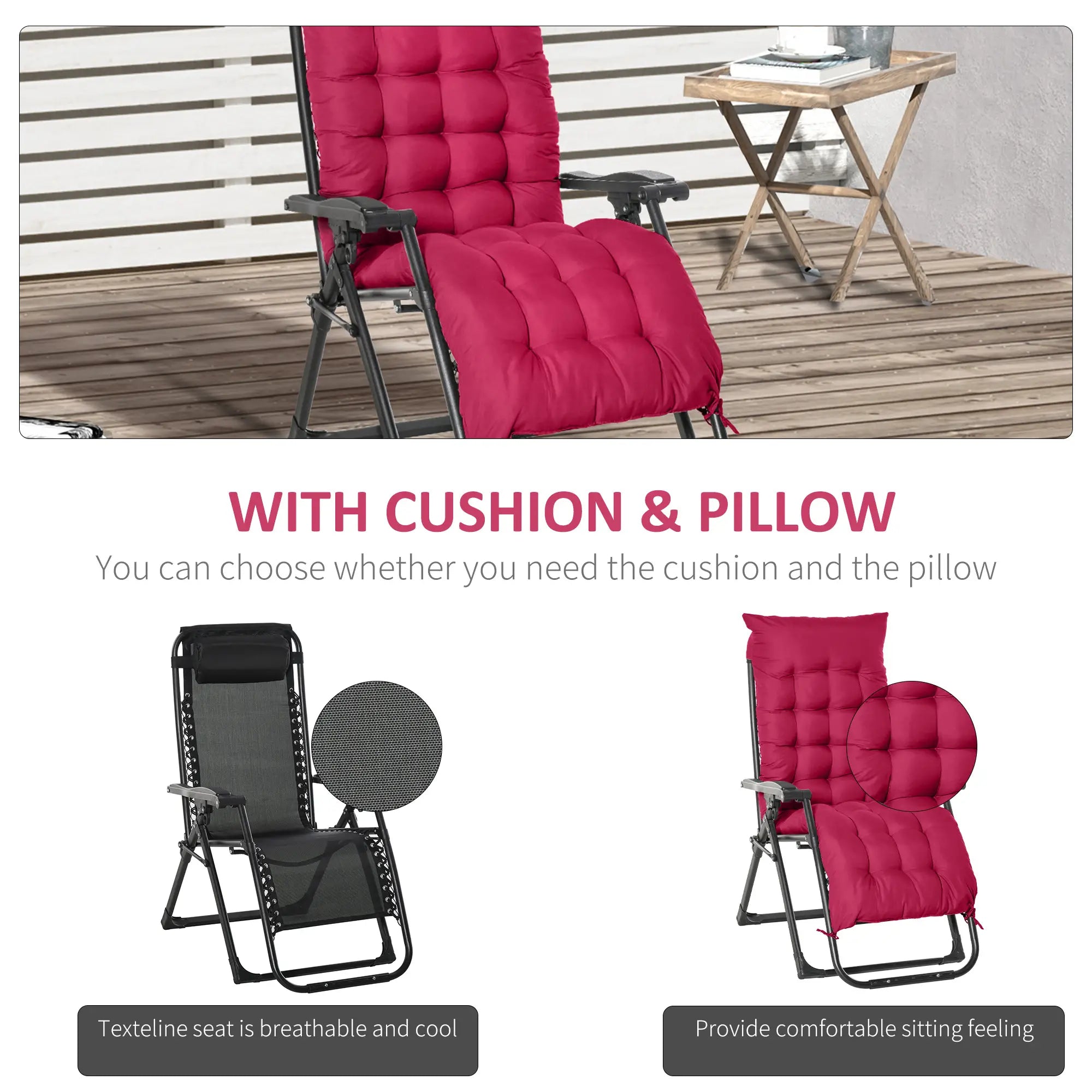 Zero Gravity Reclining Chair, Adjustable Backrest, Folding Sun Lounger, Removable Cushion, Headrest, Wine Red Lounger Chairs at Gallery Canada