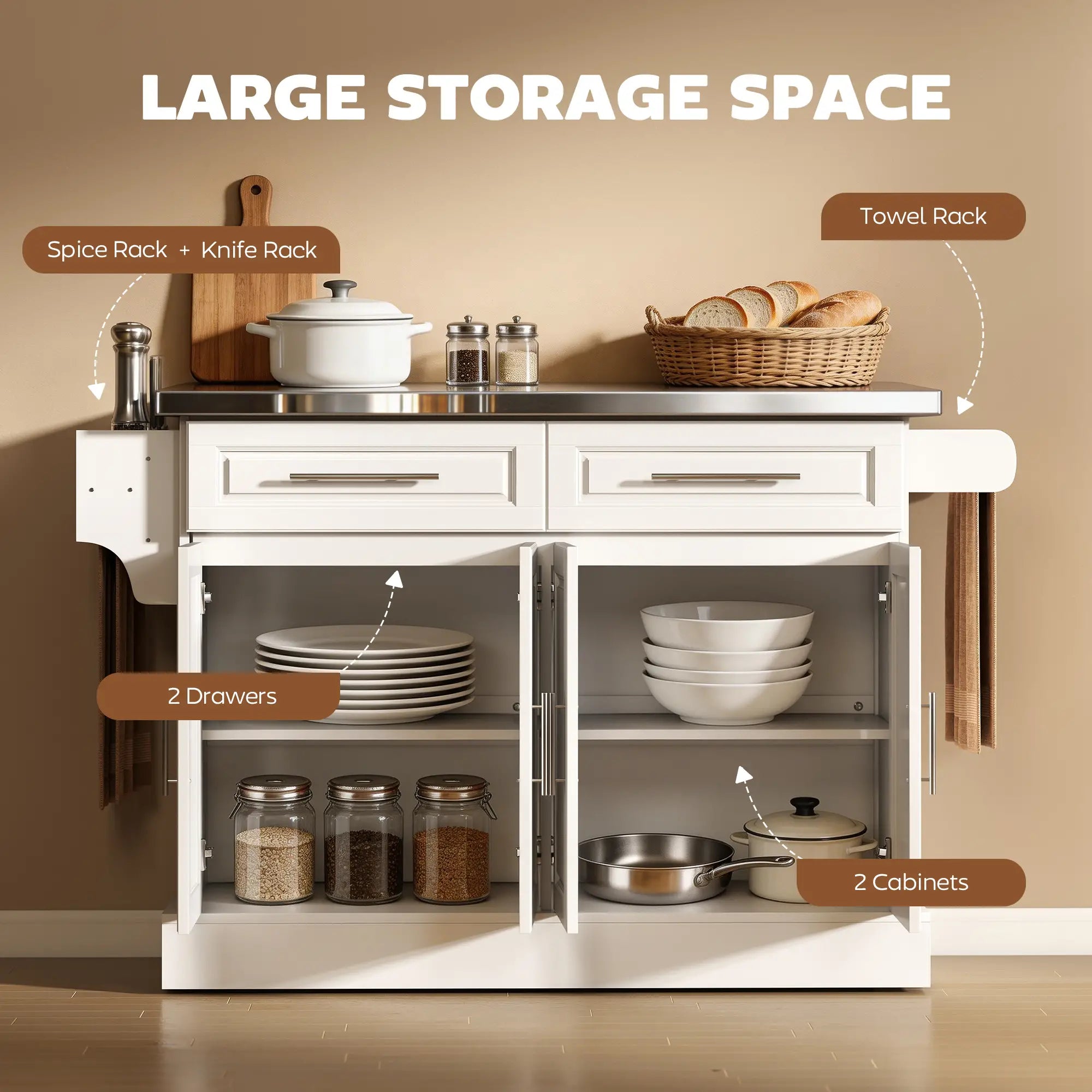 Rolling Kitchen Island with Storage, Stainless Steel Top, Drawers, Cabinets Kitchen Islands & Kitchen Carts at Gallery Canada