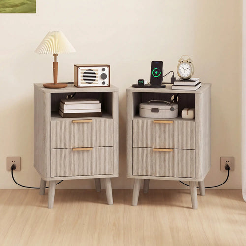 Modern Nightstands Set of 2, Charging Station, 2 Drawers, Open Shelf, Grey