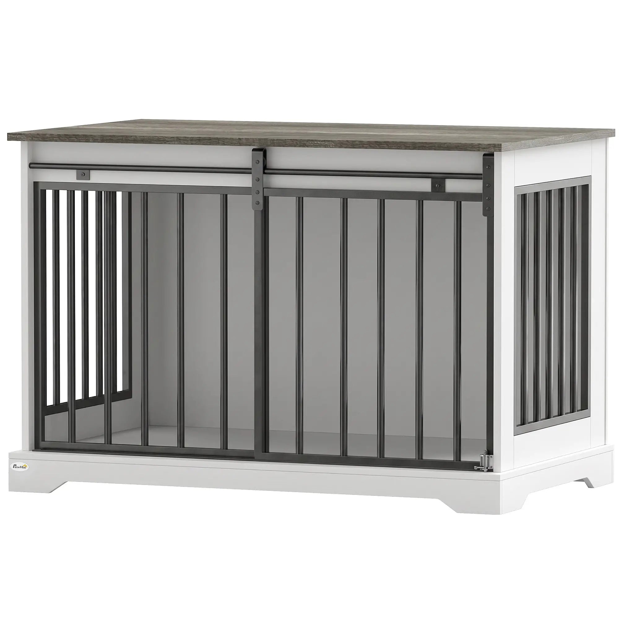 Dog Crate Furniture 100 cm, Sliding Barn Door, Large Breeds, White Dog Cages & Crates White, Black, Grey wood effect at Gallery Canada