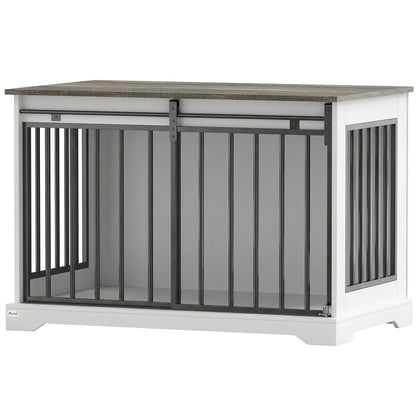 Dog Crate Furniture 100 cm, Sliding Barn Door, Large Breeds, White Dog Cages & Crates White, Black, Grey wood effect at Gallery Canada