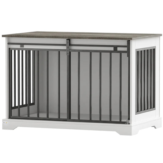 Dog Crate Furniture 100 cm, Sliding Barn Door, Large Breeds, White Dog Cages & Crates White, Black, Grey wood effect at Gallery Canada