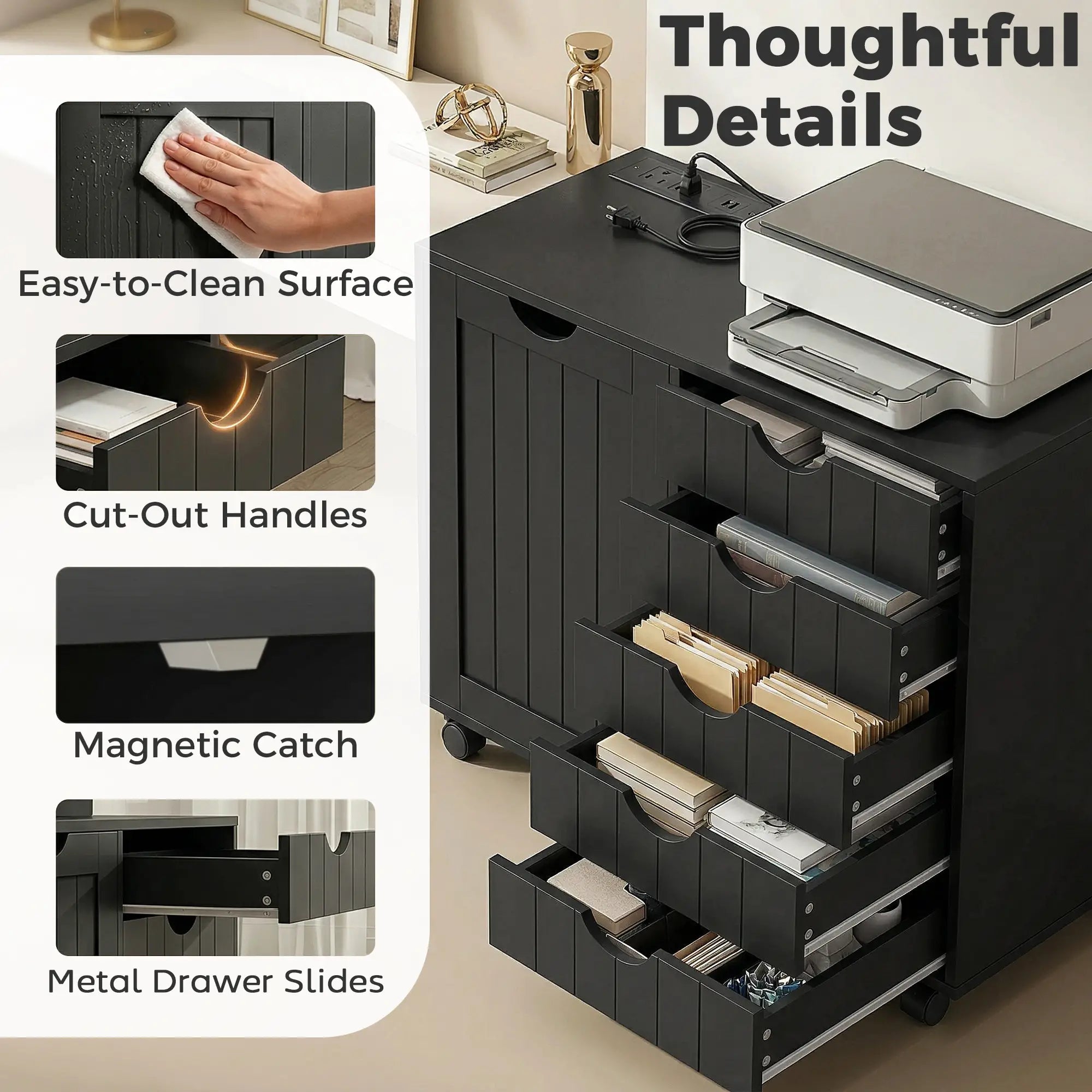 Mobile Lateral Filing Cabinet with 5 Drawers, Printer Stand, Black Office Cabinets & Cupboards at Gallery Canada