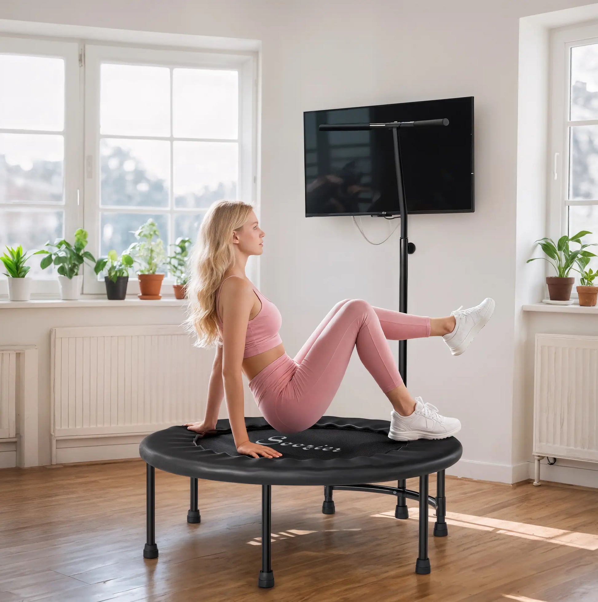 39" Mini Exercise Trampoline, Adjustable T-Bar, Indoor Fitness Rebounder, Black Trampolines at Gallery Canada