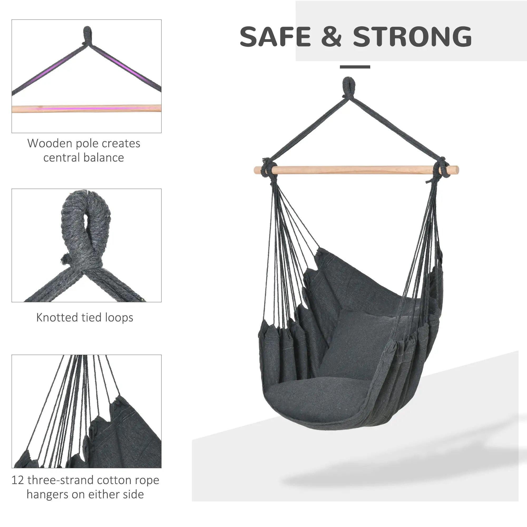 Hanging Macrame Chair, Cotton w/ Two Cushions, Dark Grey Hammock Swings at Gallery Canada