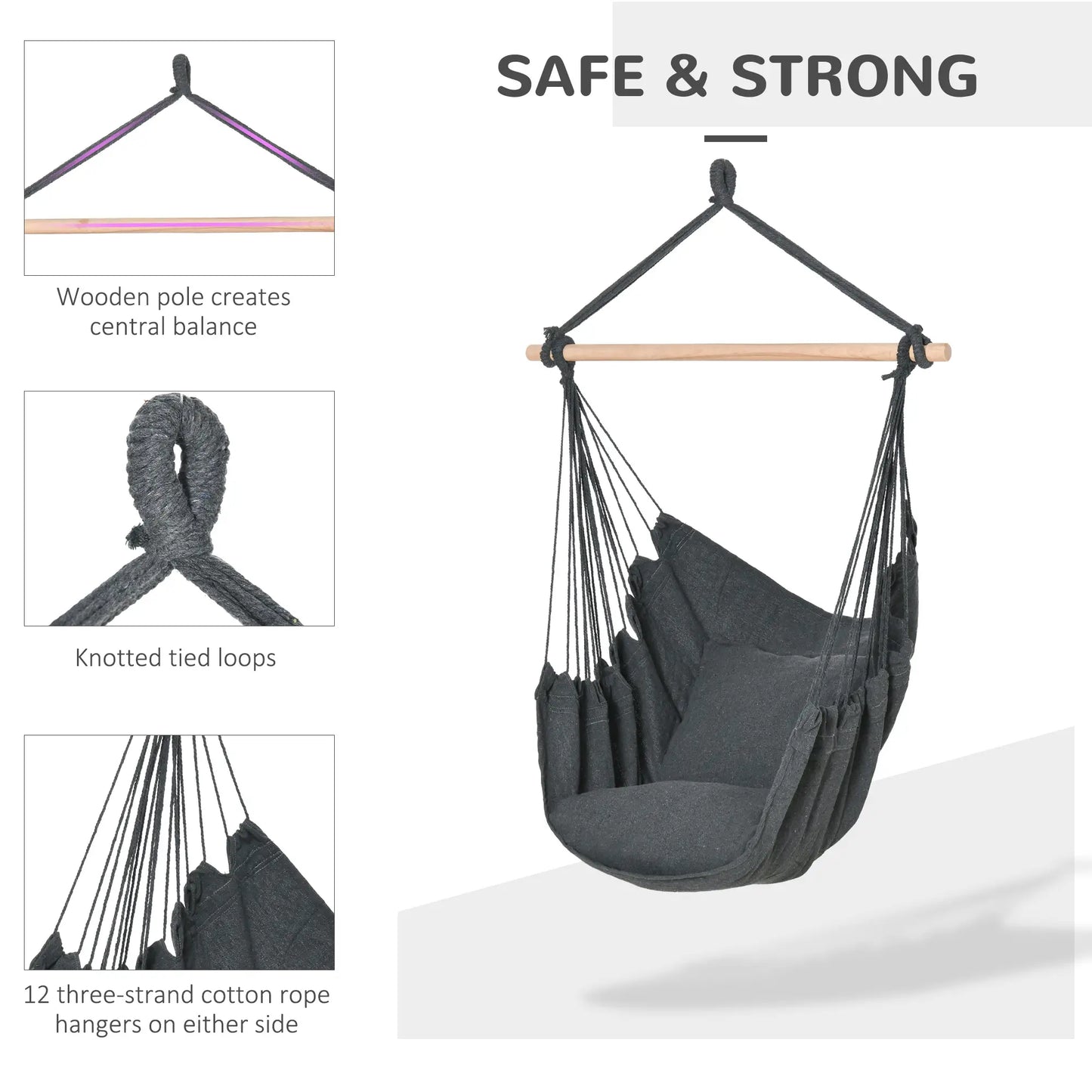 Hanging Macrame Chair, Cotton w/ Two Cushions, Dark Grey Hammock Swings at Gallery Canada